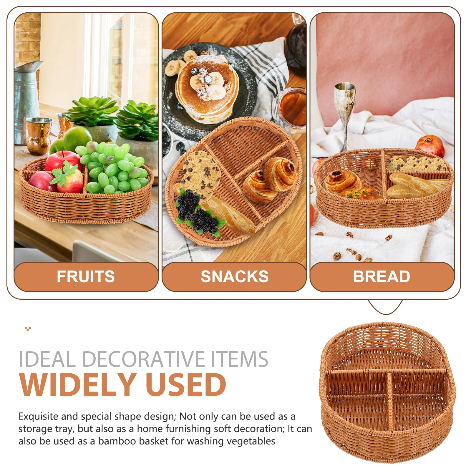 

Woven Fruit Basket Dried Snack Storage Compartment Holder Multi Functional Kitchen Tools Grid Design Lightweight Easy Clean
