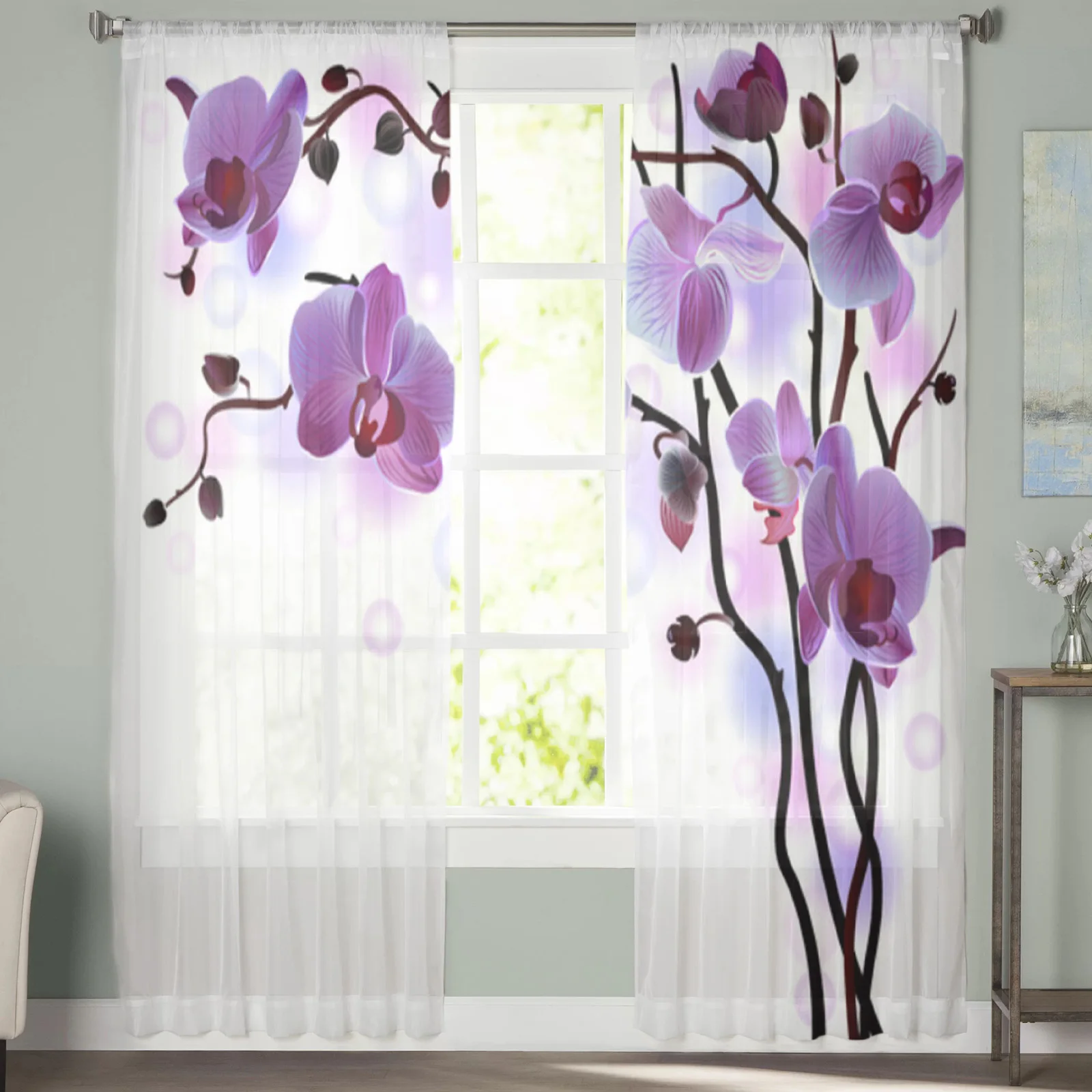 Purple Orchid Flower Tulle Sheer Window Curtains for Living Room The Bedroom Modern Chiffon Voile Curtains Fabric Drapes