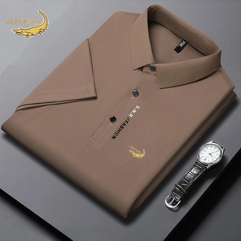 Summer New Silk Short Sleeved Polo Shirt, Men\'s High-end Luxury Fashion, Casual, Smooth, Comfortable Breathable T-shirt Top