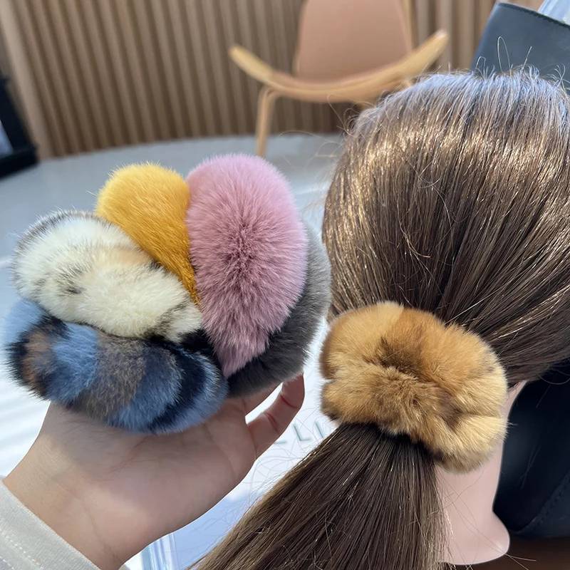 Cuerda para el cabello, bandas elásticas de piel de conejo auténtica para mujer, banda de goma auténtica de lujo, accesorios para el cabello, lazos para el cabello esponjosos de piel para niñas