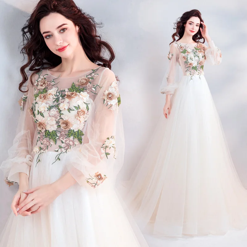 

Evening Dress Banquet Bridal Toasting Dress Host Fashion Long Sleeve Wedding Dress