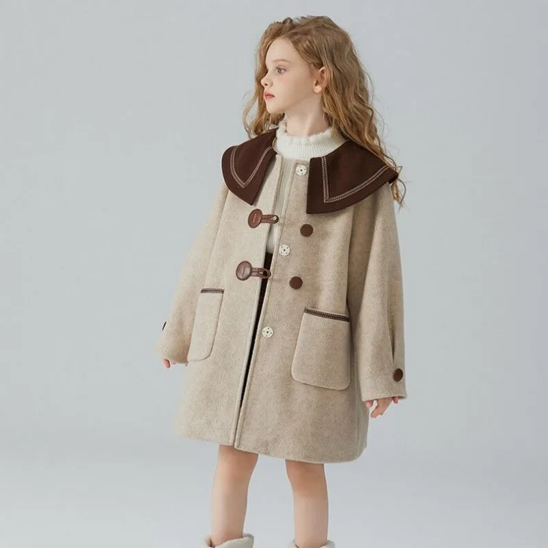 

Осенне-зимняя детская плотная хлопковая куртка для тепла, шерстяное пальто для девочек 120-160 см, свободное пальто в студенческом стиле