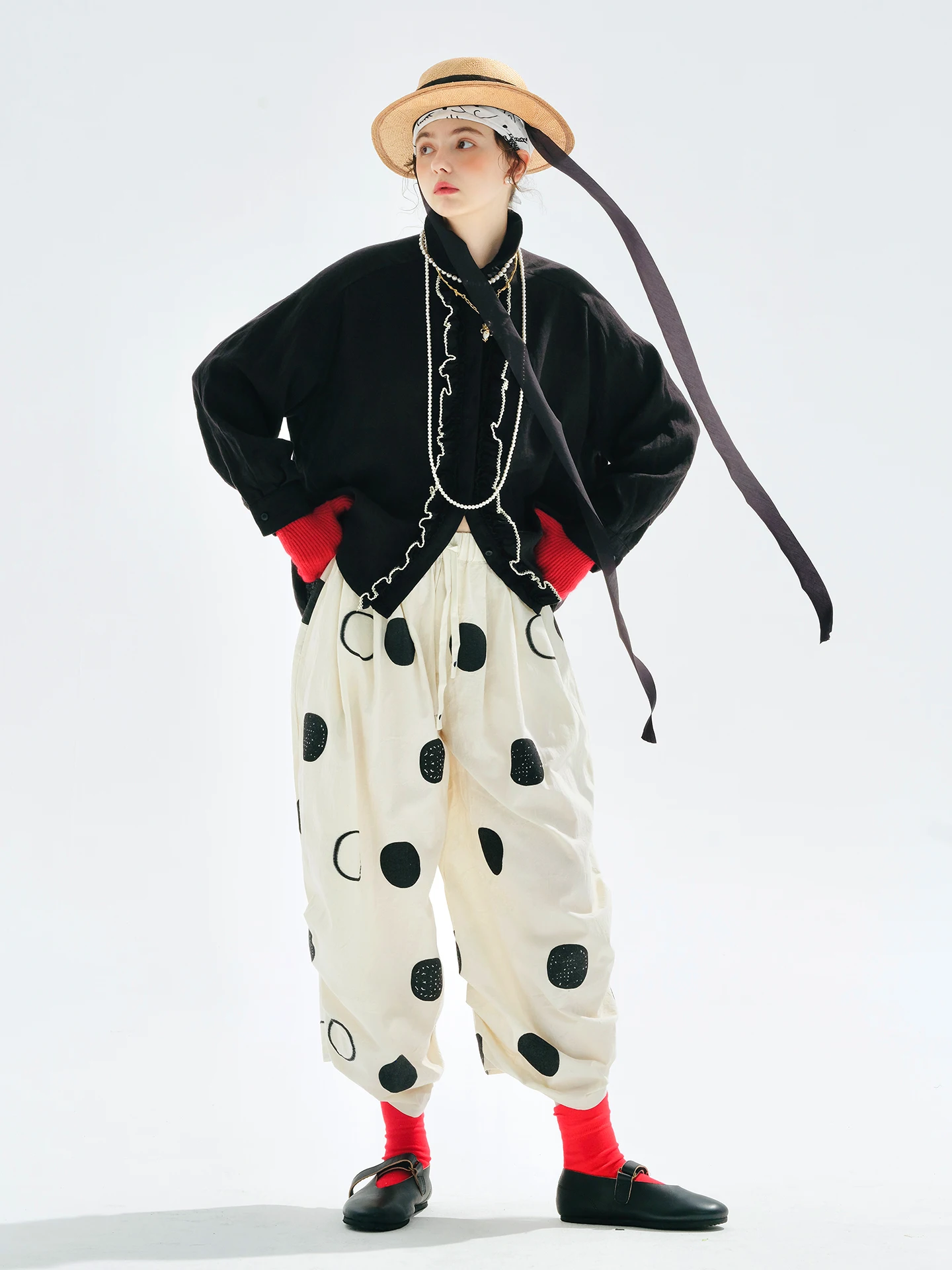 

2025 Women's Early Autumn New Style Japanese Printed Wave Pattern Pleated Pants - Versatile Casual Wide Leg Pants255139