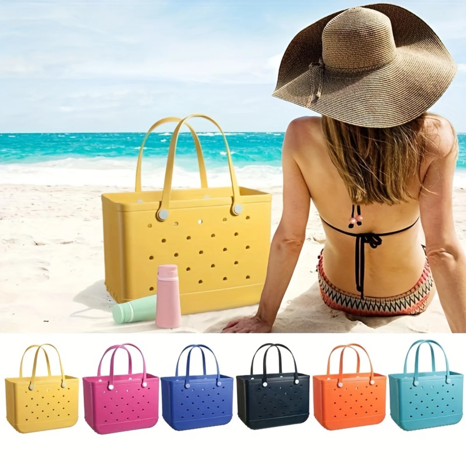 Summer Beach Bag, Rubber Tote Bag, Large Capacity Sundry  Handbag, Outdoor bag for Travel Beach Swimming, Solid Color Water proo