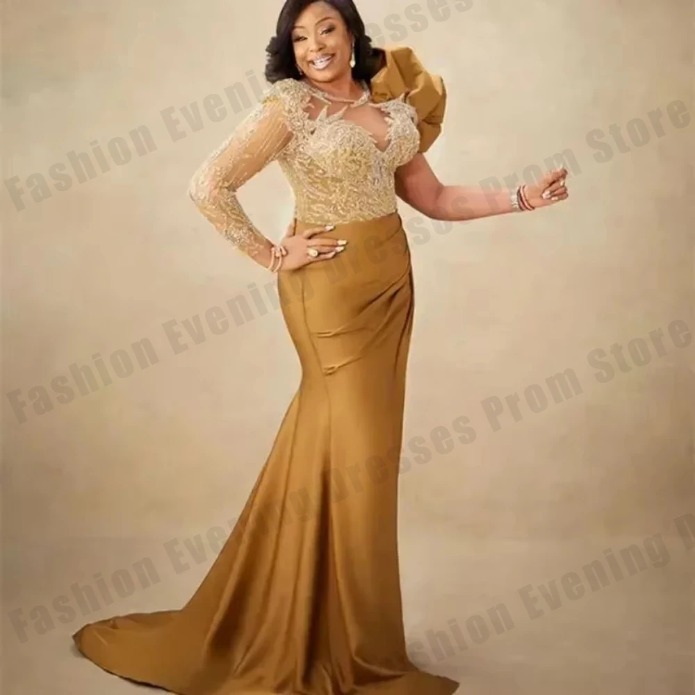 

Gold Women's Ball Dress Mermaid Elegant Long Sleeve Round Neck Bubble Sleeve Princess Evening Dresses Formal Party Customized De