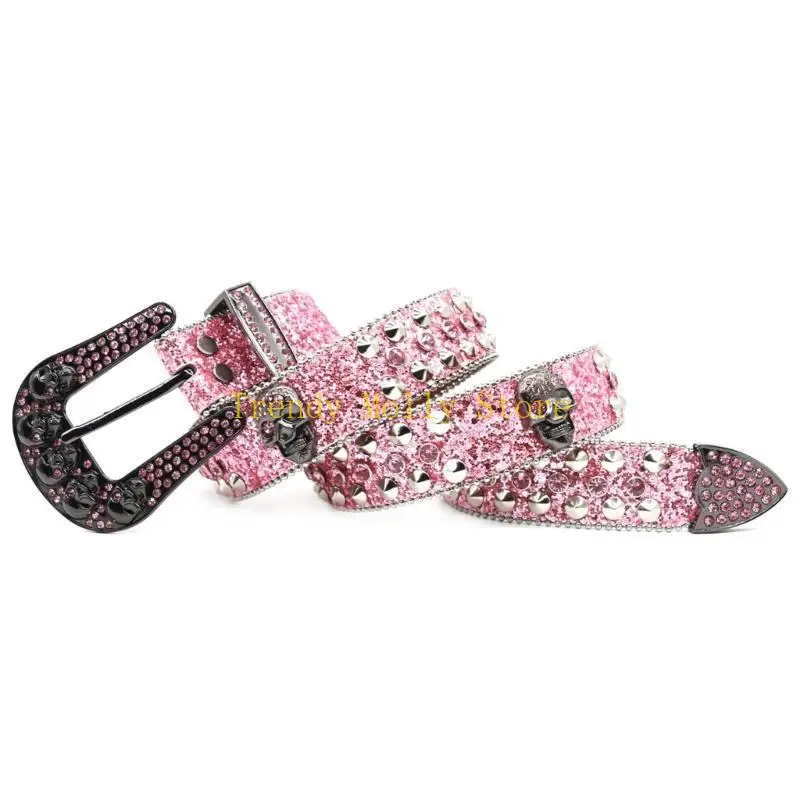 أحزمة N5KB بإبزيم على شكل جمجمة ماسية لعشاق ثقافات الشوارع وحزام خصر مزين بالترتر #5