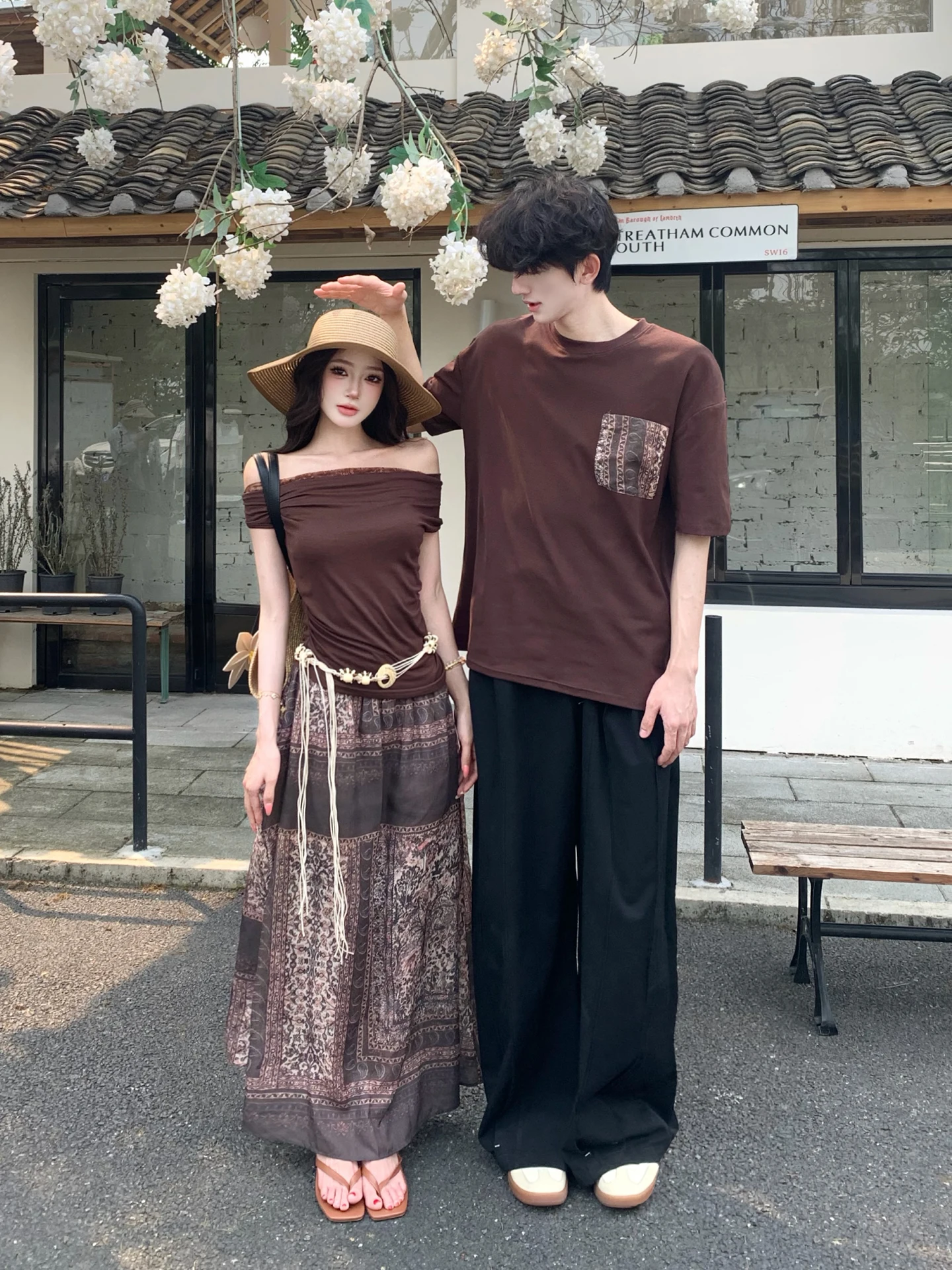 Bohemian Vacation Style Couple Matching Short Sleeve T-shirts Shoulder Bared Retro Print Half Skirt Set One Top One Skirt