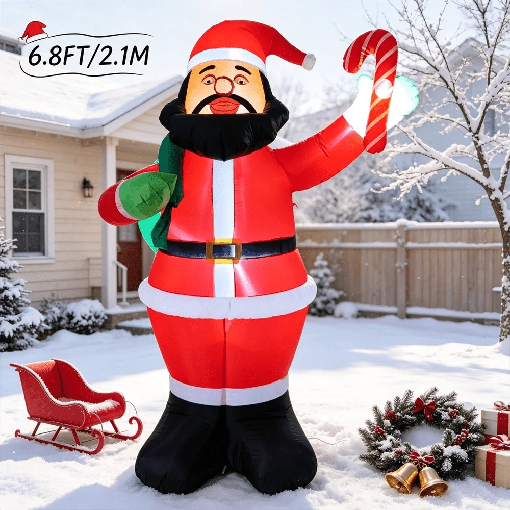 6.8FT Christmas Inflatable Model Yard Decoration Black Beard Santa with Bright LED Lights for Outdoor Garden Holiday Display