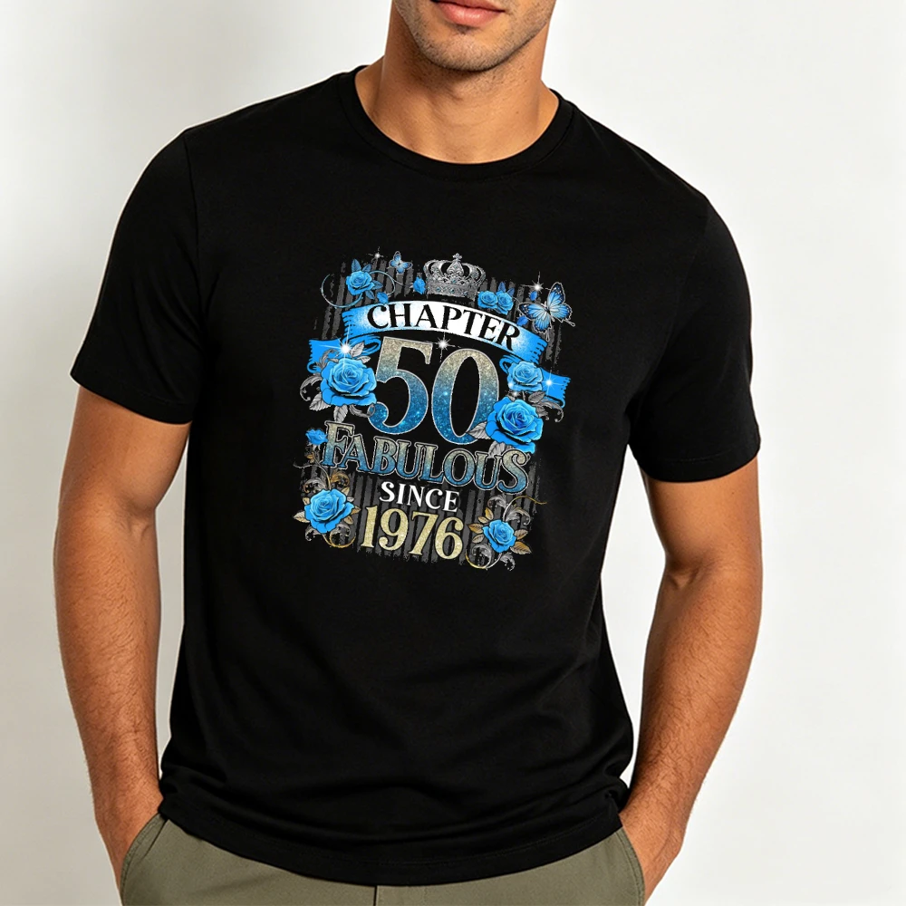 Chapter 50 Fabulous Since 1976 Birthday Gift T Shirt Gold Rose Floral Graphic Tee Top Fifty Years Old Men Short Sleeve Shirt