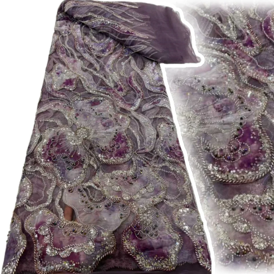 

African Beads Lace Fabrics Latest Sequin Lace Fabric 5 Yards High Quality Printed Fabric Fabric Nigerian Wedding Dress TP1664