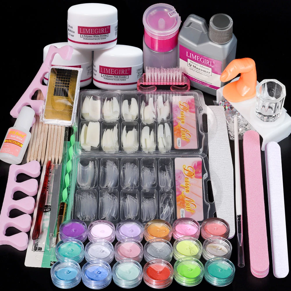 

18 Colors Nail Acrylic Powder and Liquid Monomer Nails Art Decoration For Manicure Set Crystal Glitter 3D Tips Carving Tools