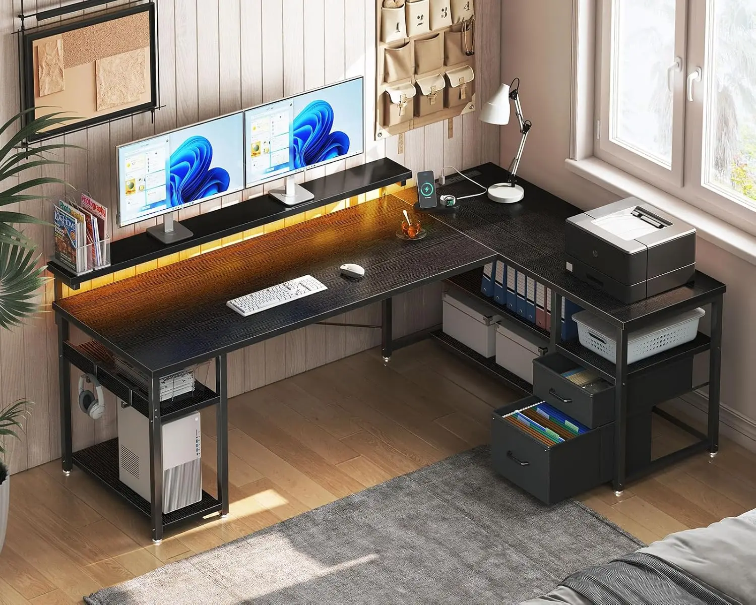 ODK L Shaped Gaming Desk with File Drawers, Reversible Computer Desk with Power Outlets & LED Lights, Home Office Desk with