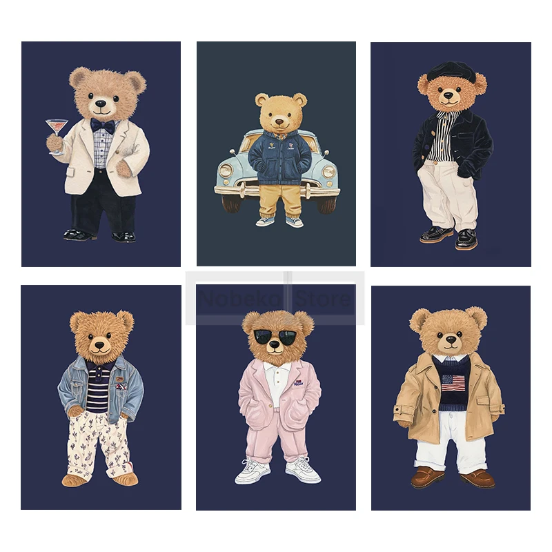 Vintage Teddy Bear Poster Fashion Preppy Nursery Prints Canvas Painting Wall Art Pictures Home Room Teddy Bear Retro Decoration