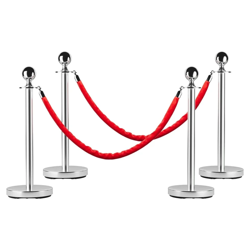 

4/6/8PCS Crowd Control Stanchion, Stainless Steel Stanchion Post With 5ft Red Velvet Rope For Theater Hotel Club Party