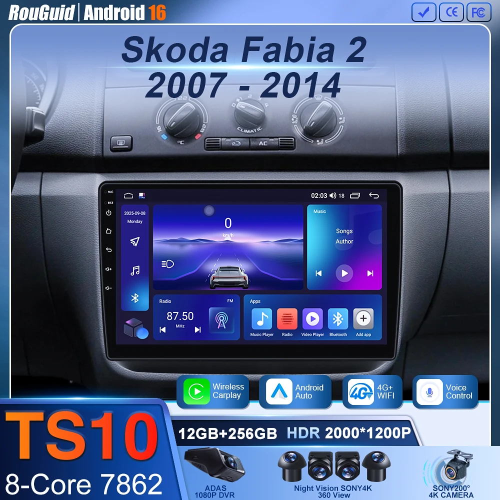 Rádio Automotivo Android para Skoda Fabia 2 542 2007 - 2014 Carplay, Reprodutor Multimídia com GPS, Som Automotivo, Tela QLED, WIFI, DSP