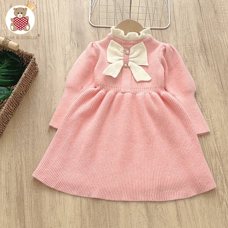 Girl\'s Bow Sweaters Dresses Children\'s Autumn Fashion Elegant knitted Gown New Kids Casual Knit Clothes Princess Warm Vestidos