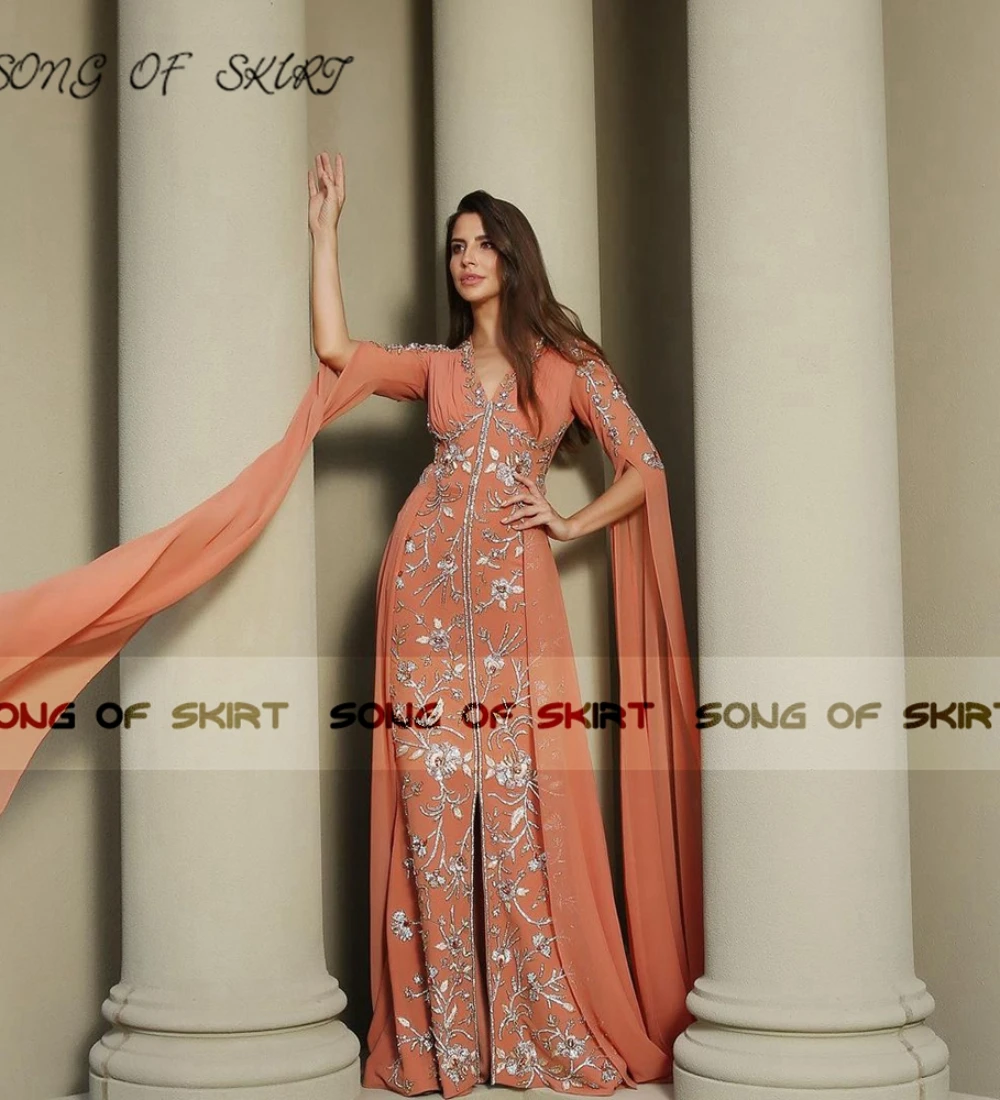 Customized 2022 Orange Chiffon Evening Dresses Moroccan Caftans Long Sleeve Luxury Applique Birthday Party Gowns Robe De Soirée