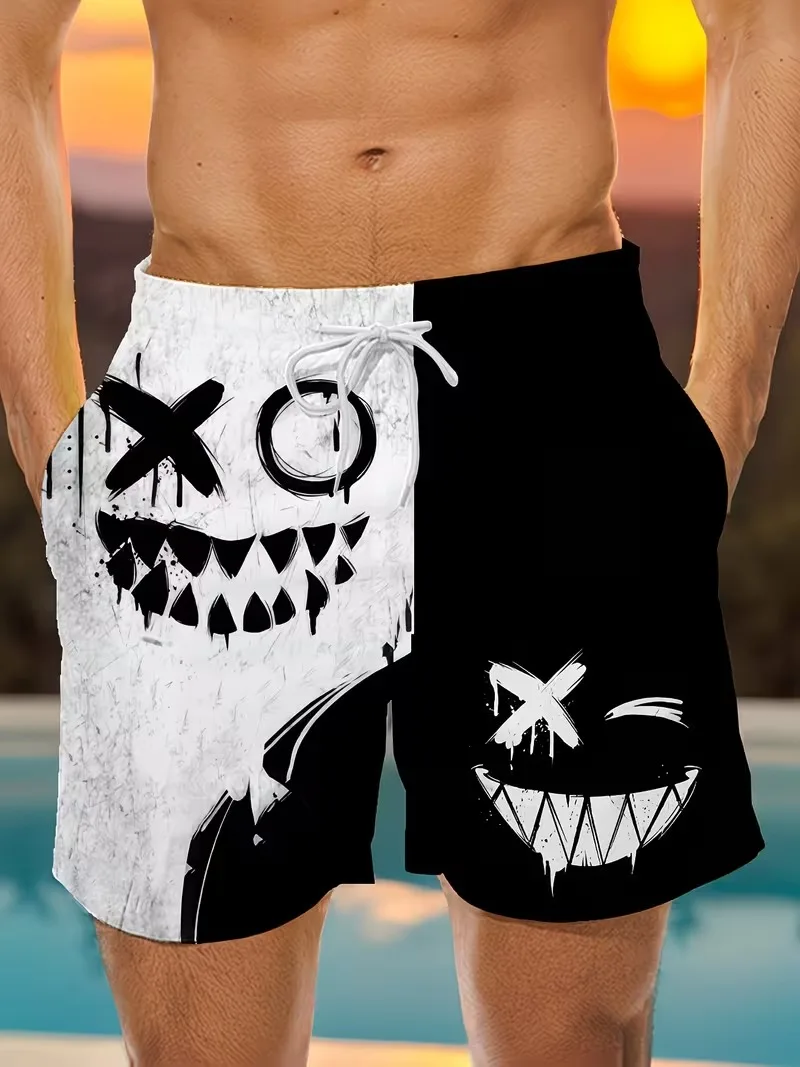 Men Black White Split Smile Face Board Shorts Gothic Devil Print Quick Dry Swim Trunks Summer Beach Shorts With Pocket Drawstrin