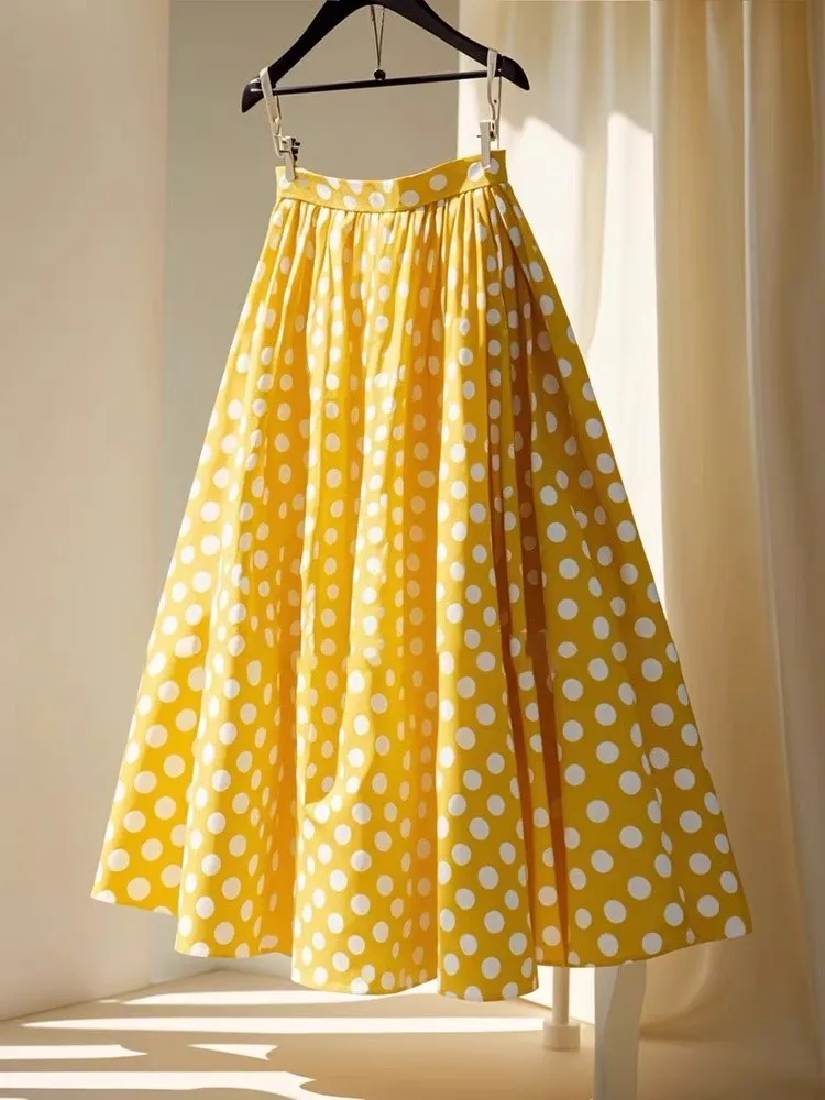 Yellow Polka Dot A-Line  Skirt Women's High Waist Slimming Summer Faion High Waist f-length Skirts Korean Sle