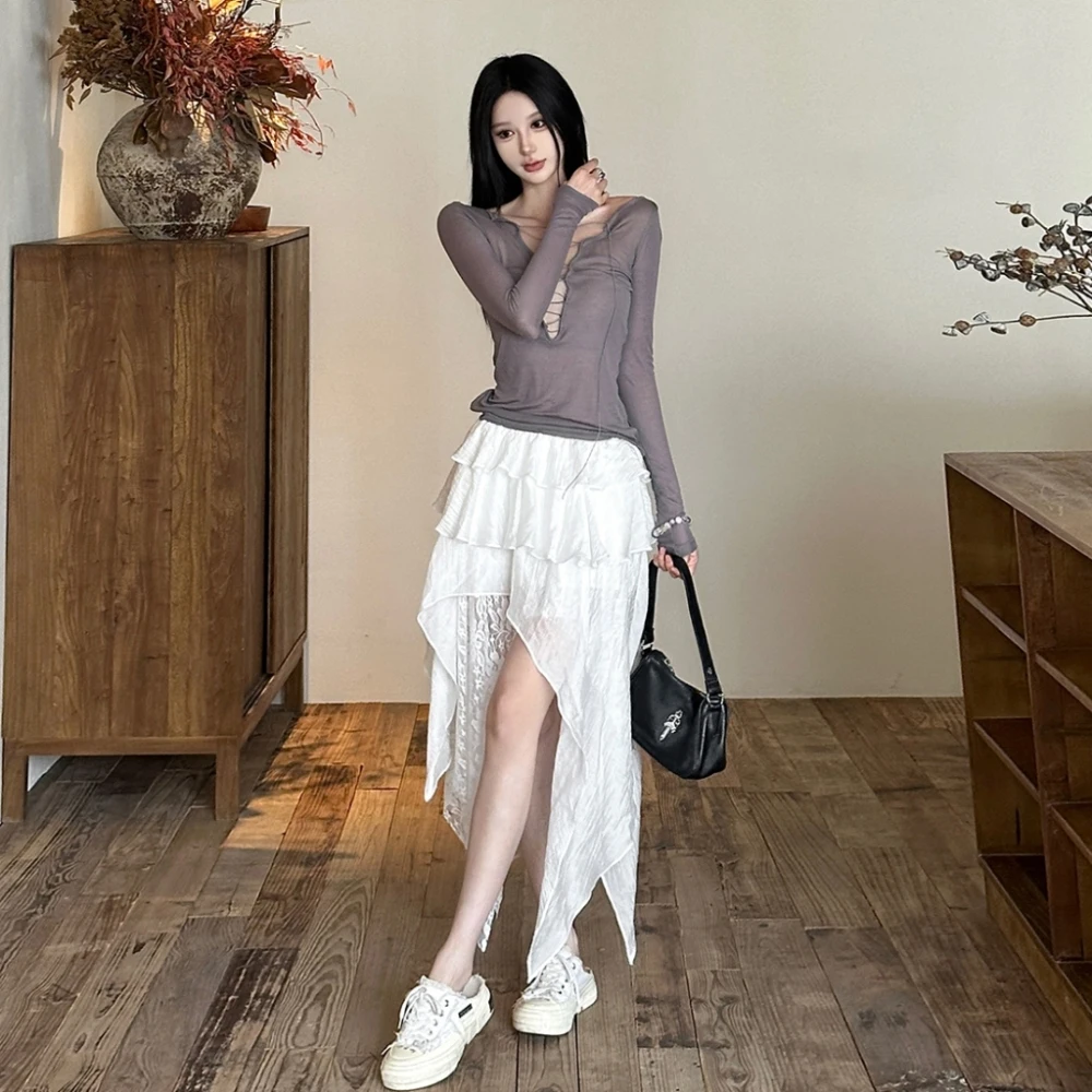 SylCue Ruched Elegantกระโปรงผู้หญิงY2Kสไตล์หวานElasticเอวตาข่ายPatchworkไม่สม่ําเสมอRuffles Hem Streetแฟชั่นกางเกง