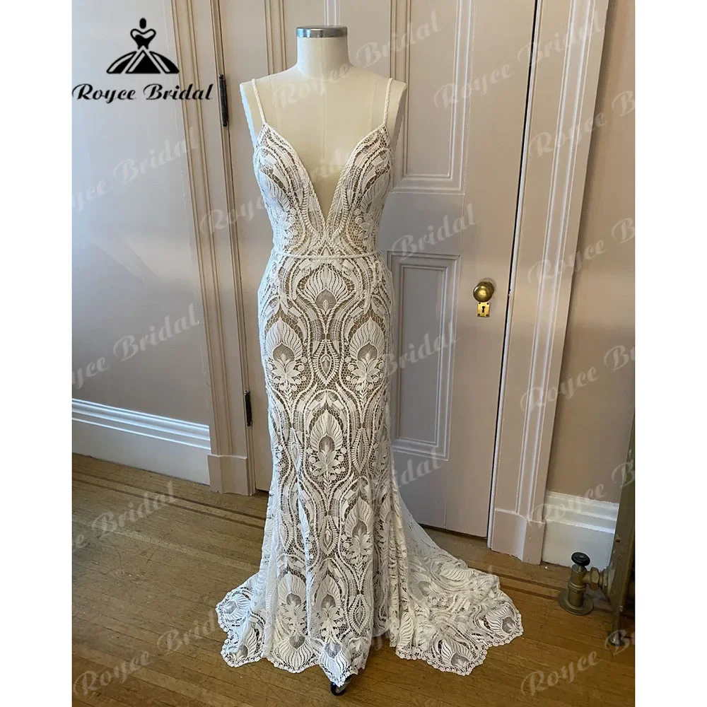

Sexy Mermaid Boho Spaghetti Straps Wedding Dress with V Neck 2025 Backless Bridal Party Gown Customized robe de mariee boheme