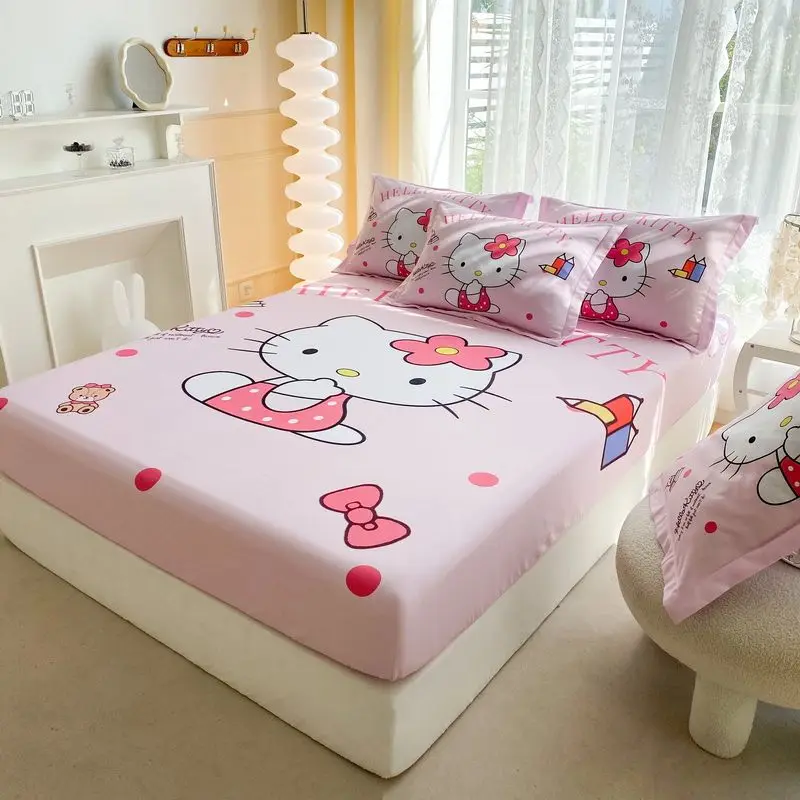 Sanrio Hello Kitty Fitted Sheet Without Pillowcase Cartoon Women Bed Cover Nonslip Mattress Cover Soft Bedding Brushed Protector