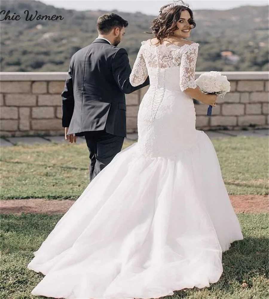 Hermoso vestido de novia de encaje blanco de sirena, cuello de barco, Media manga, vestido de novia de campo de jardín, corsé, novia Bohemia caprichosa