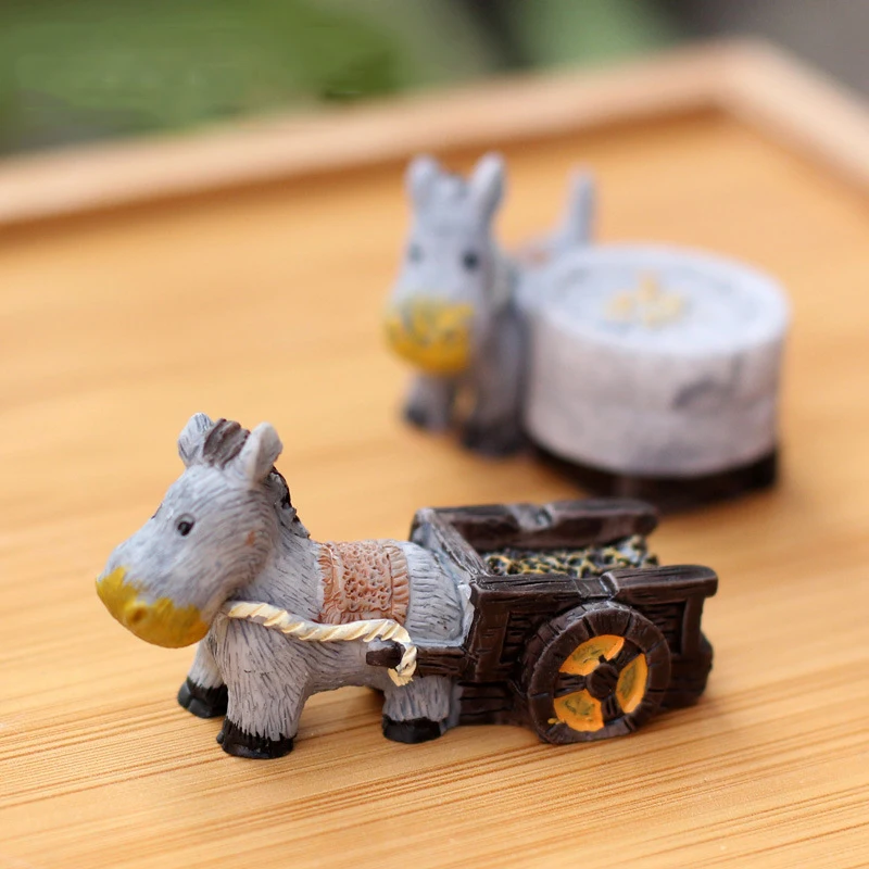 Animal Figurines Mini Donkey Pulling Car Micro Fairy Garden Moss Bonsai Miniature Terrarium Home Vintage Decor DIY Accessories