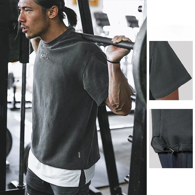 

Men's Vintage Wash Cotton T-Shirt Oversized Gym Fitness Streetwear Breathable Muscle Tee Casual Summer Loose Tops