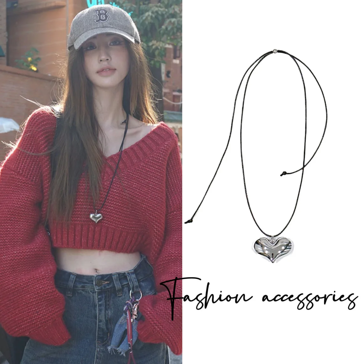 اليابانية والكورية بسيطة حلوة باردة ثلاثية الأبعاد سطح أملس الحب قلادة قلادة للنساء عالية الجودة، مرسومة طويلة