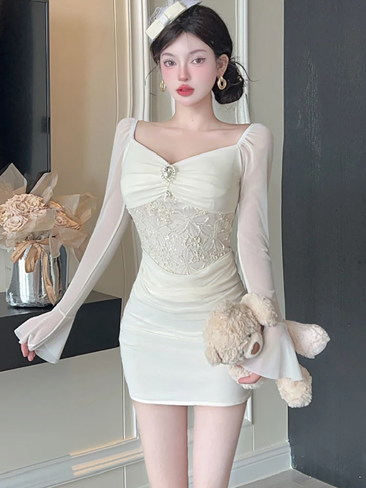 Vestido Sexy de malla negra con diamantes de Jacquard para mujer, Vestido corto ajustado Vintage coreano 2025, vestidos elegantes de cumpleaños para Otoño e Invierno