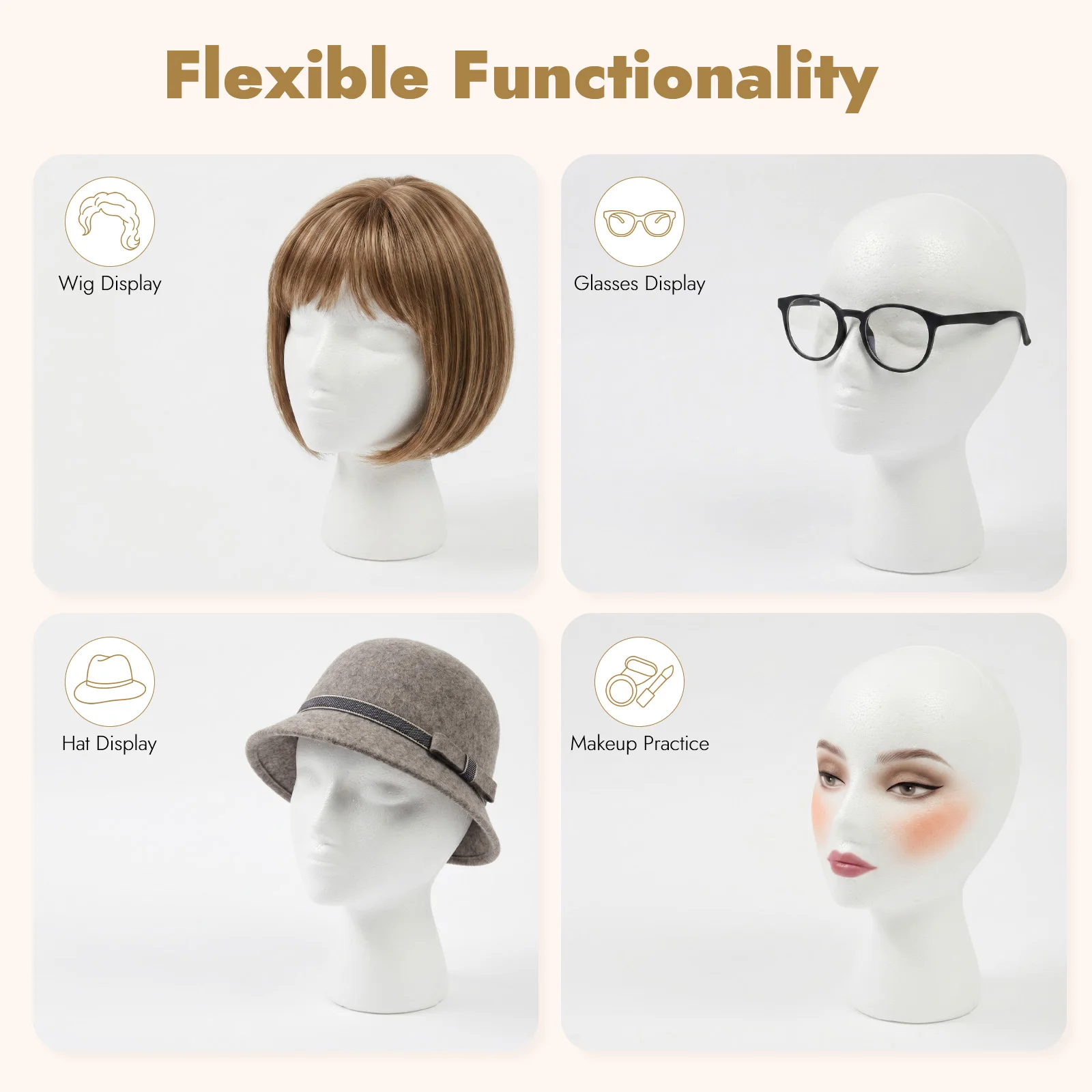 12 Pack EPS Foam Mannequin Head 53cm Circumference Wig Display Head Flat Bottom with Mount Hole for Hair Styling Practice Hat Headband view 6