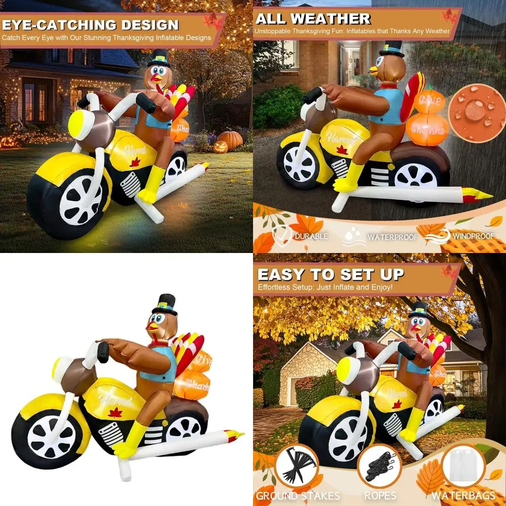 

LED Illuminated 7-Foot Thanksgiving Turkey on Motorcycle Inflatable, Outdoor & Indoor Yard Decor