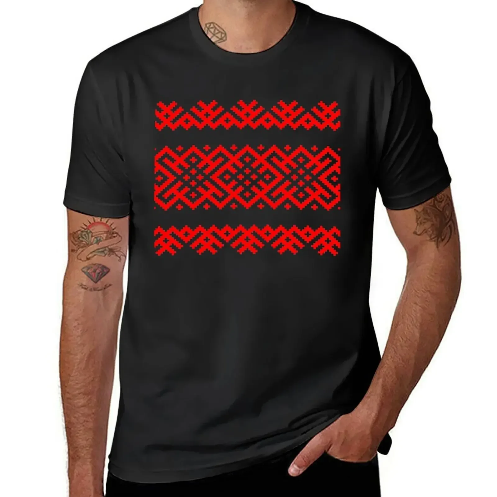 Sports Fans Oversized T Shirts for Men Ethno Slavic Pattern - Bogoroditsa - Symbol Horizontal - Large Scale Red Ornament T-Shirt