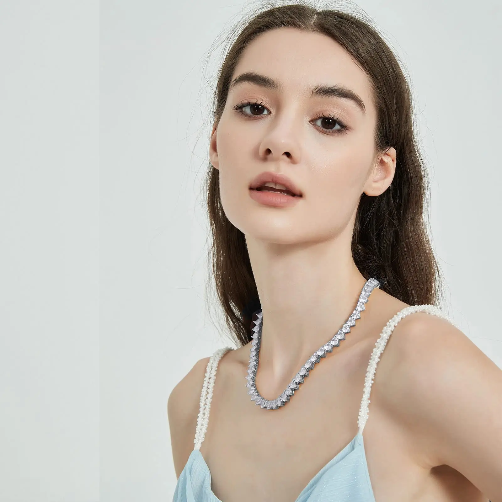 

HHIOK Hip Hop Exquisite Jewelry 4mm Wide Iced Out Spring Buckle Heart Tennis Necklace Shining Fashionable