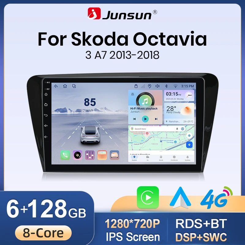 Autoradio Junsun sans fil Apple CarPlay Android Auto pour Skoda Octavia A7 2013-2018, Android 15, GPS, navigation, écran tactile IPS, Bluetooth, WiFi, DSP, RDS, système multimédia stéréo, Plug and Play, unité principale