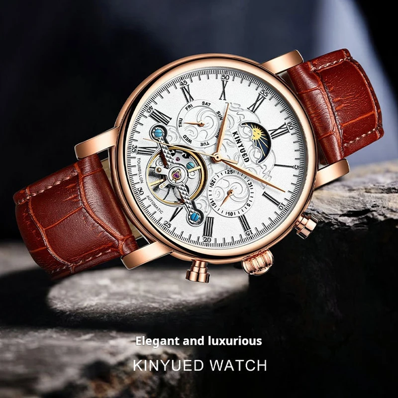 KINYUED marchio di lusso Tourbillon orologio da uomo cinturino in pelle moda business orologi meccanici automatici per uomo orologio impermeabile