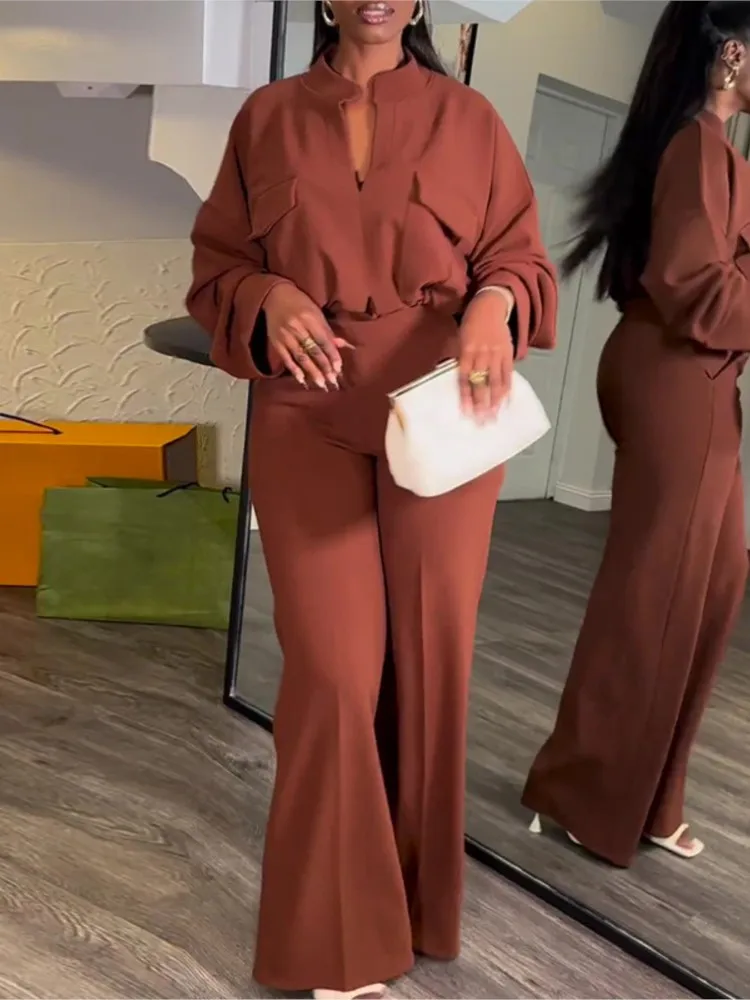 

Fashionable V-neck Long-sleeved Top + Wide-leg Pants 2-piece Set For Women Autumn Solid Color Elegant Casual Suits Female