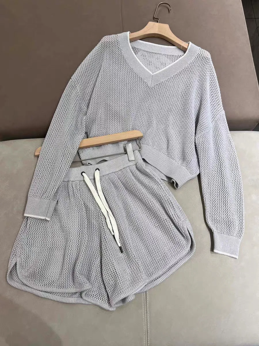 

Women Hollow Out Knitted Set V-Neck Long Sleeve Sweater or Elastic Waist Shorts