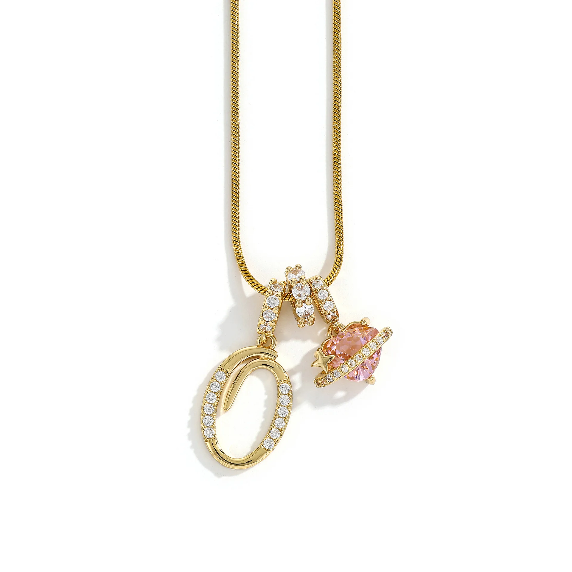 Women's A-Z Initial Letter Pendant Necklace Snake Chain Initial Alphabet CZ Pink Heart Necklace Adjustable Size Hypoallergenic