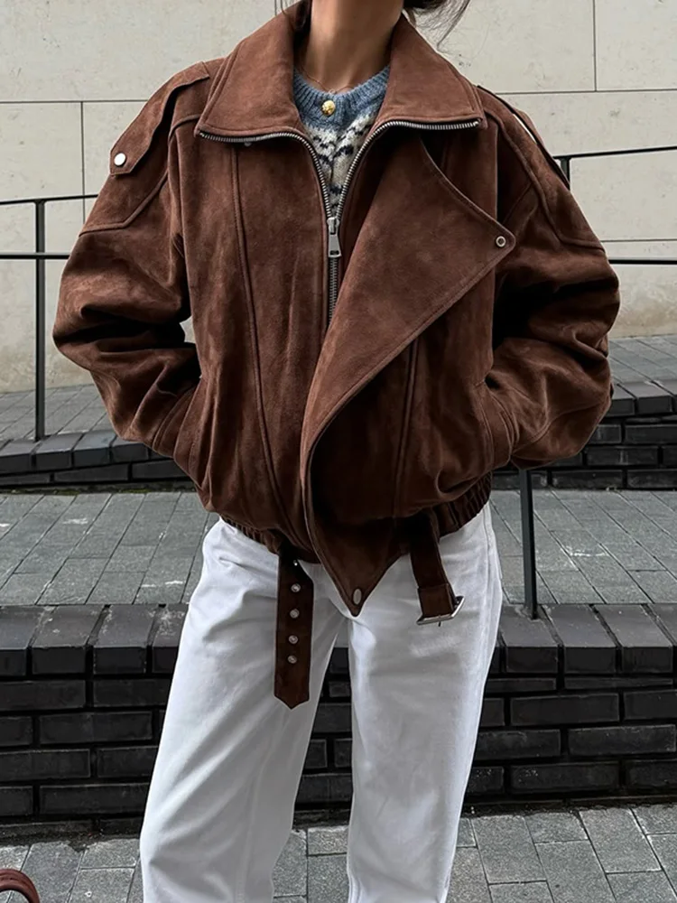 Vintage Lapel Solid Zipper Short Jacket Women Fashion Suede Cropped Casual Long Sleeve Coat  Woman New Commuter Outerwears