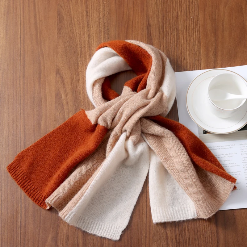 100% Merino Wool Knitted Cross Scarf Thickened Patchwork Color Warm Soft Neckerchief Windproof Korea Fashion Scarves Wraps