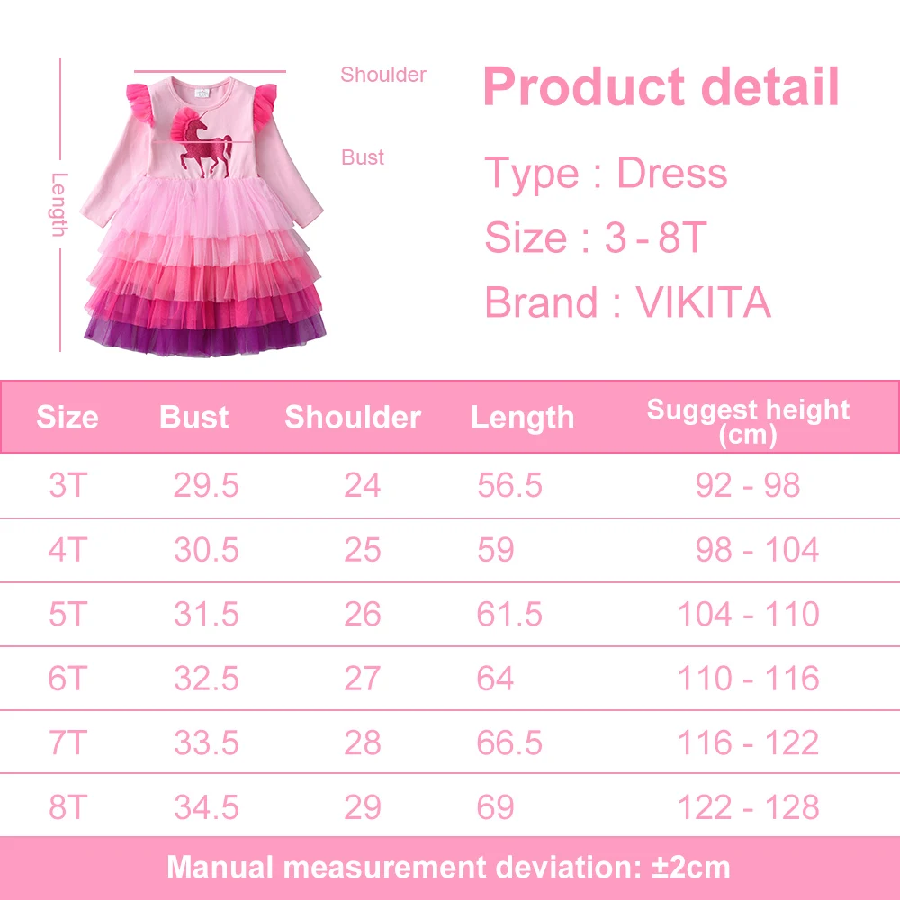 VIKITA Girls Long Sleeve Dress Kids Unicorn Cartoon Dresses Girls Layered Mesh Tulle Princess Birthday Party Children Clothing