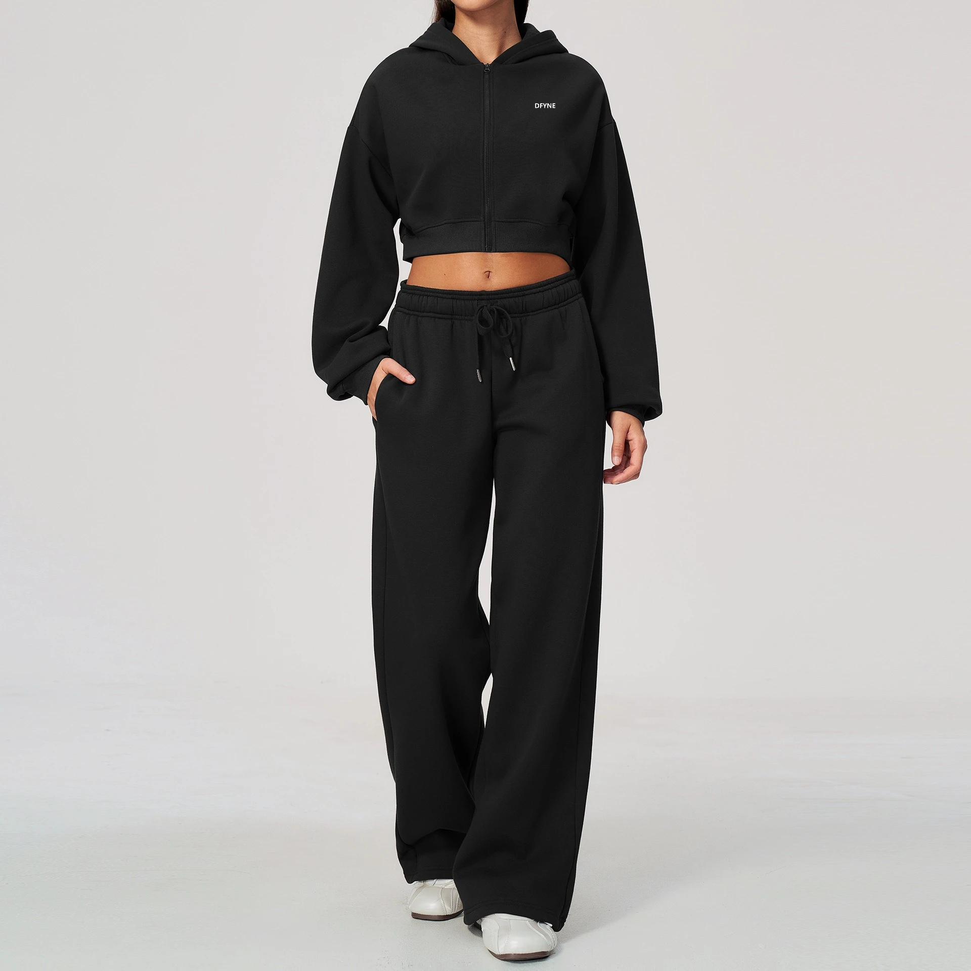 DFYNEWomen 2 Piece Hoodie Set Black Crop Zip Hoodie Wide Leg Pants Tracksuit Casual Sportswear Lounge Wear Y2K Streetwear Outfit