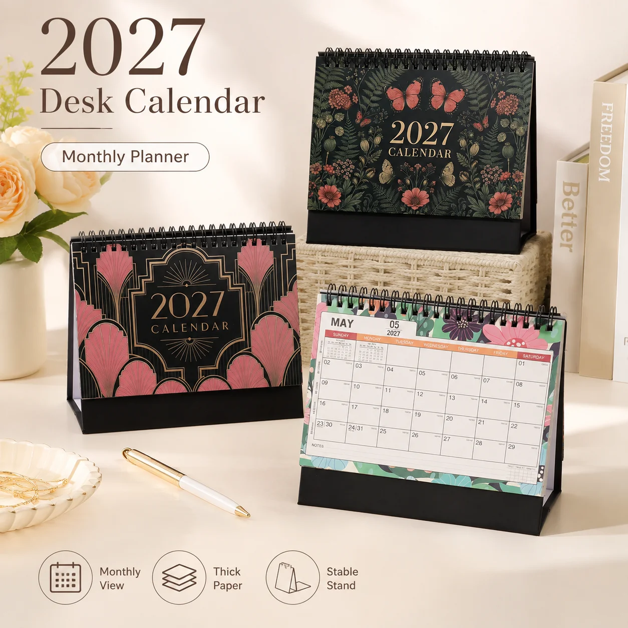 2027 Desk Planner Calendar Spiral Bound Standing Monthly Schedule Organizer Decorative Table Calendar For Office Home Desk Use