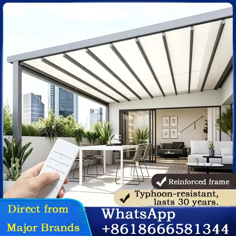 Retractable Waterproof Awning Aluminum Pergola Motorize Outdoor Waterproof  Terrace Garden Sun Shade Wind Sensor UV Block Canopy