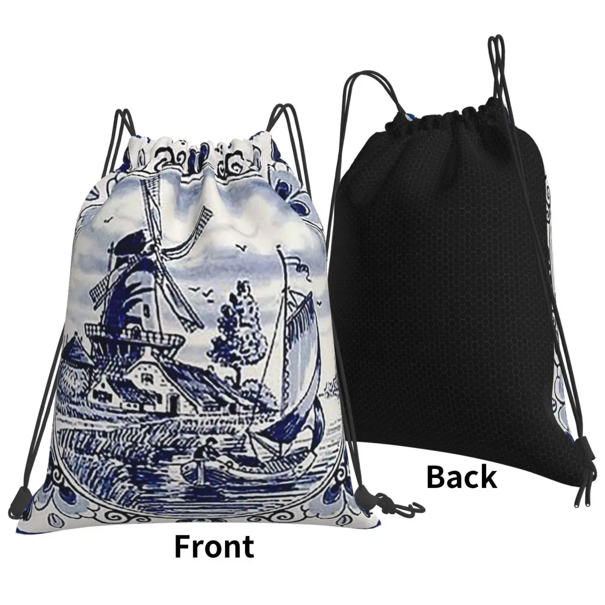 Dutch Blue Delft Vintage Windmill Print Backpacks Multi-function Drawstring Bundle Pocket Sports Bag Book Bags for Travel School