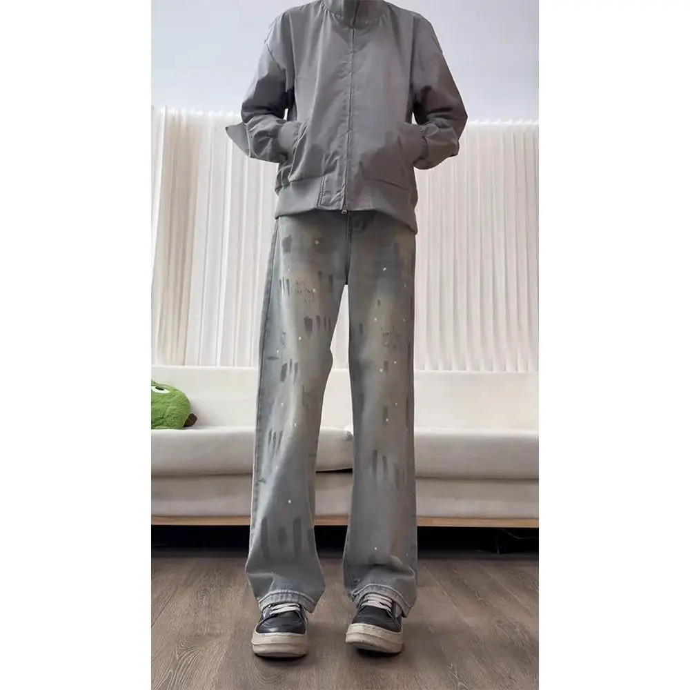 

Мужские джинсы прямого кроя из хлопкового стрейч-денима с эффектом потертости и брызг чернил, повседневные, удобные, прямые брюки-трубы