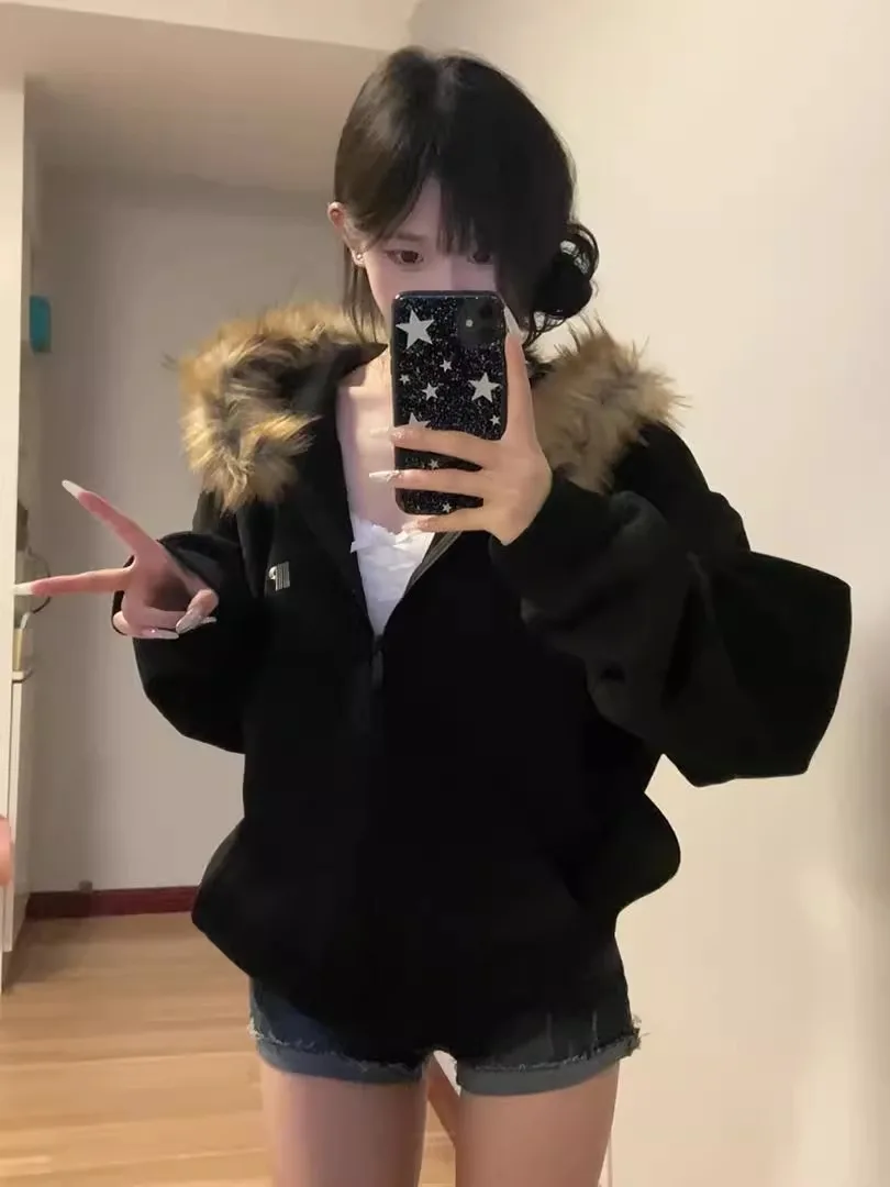 

Американский ретро-кардиган с капюшоном для женщин: весенне-осенний, зимний, свободного кроя, стройнящий, на молнии, универсальный, повседневная верхняя одежда