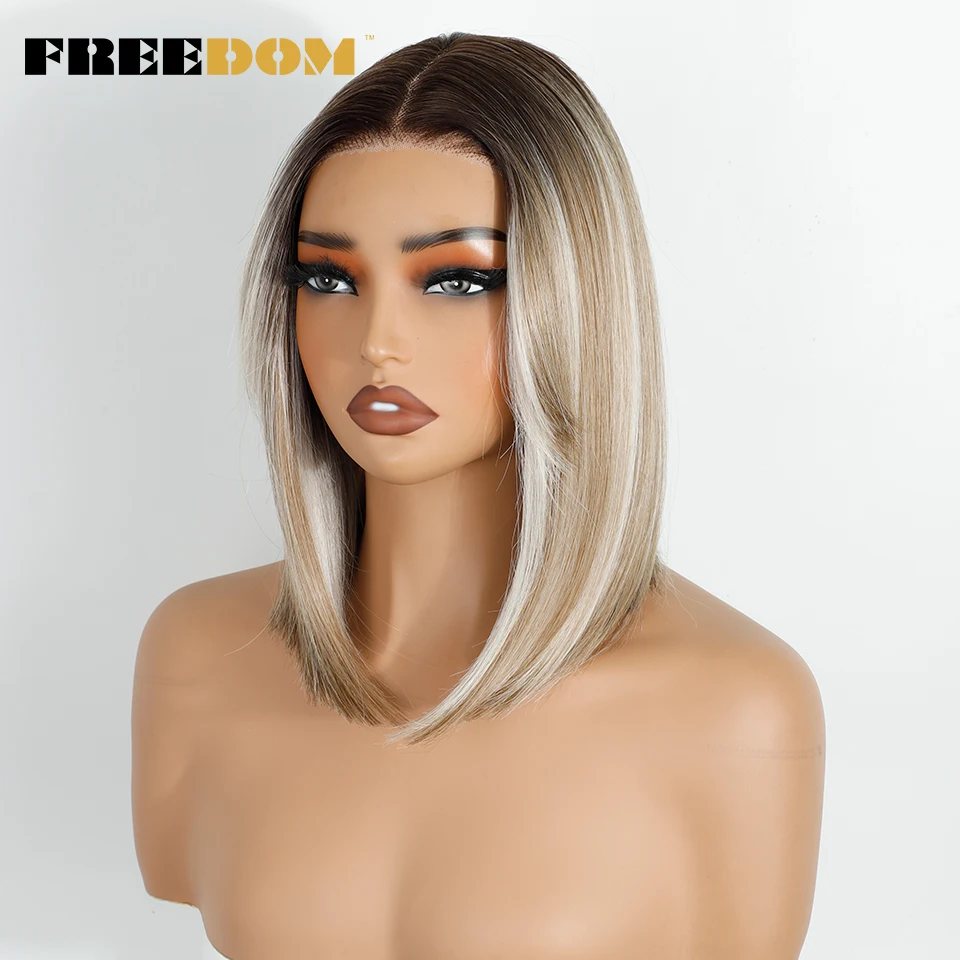 FREEDOM Synthetische Spitzenperücken für Frauen, 12 Zoll kurzer Bob, vorgezupfte, vorgeschnittene Perücke mit Pony, Ombre Braun-Blonde Perücken, Cosplay-Perücke – Detail 6
